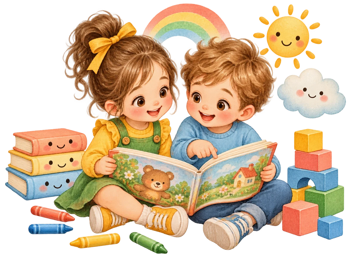 Девочка и мальчик читают книгу среди игрушек, под радугой